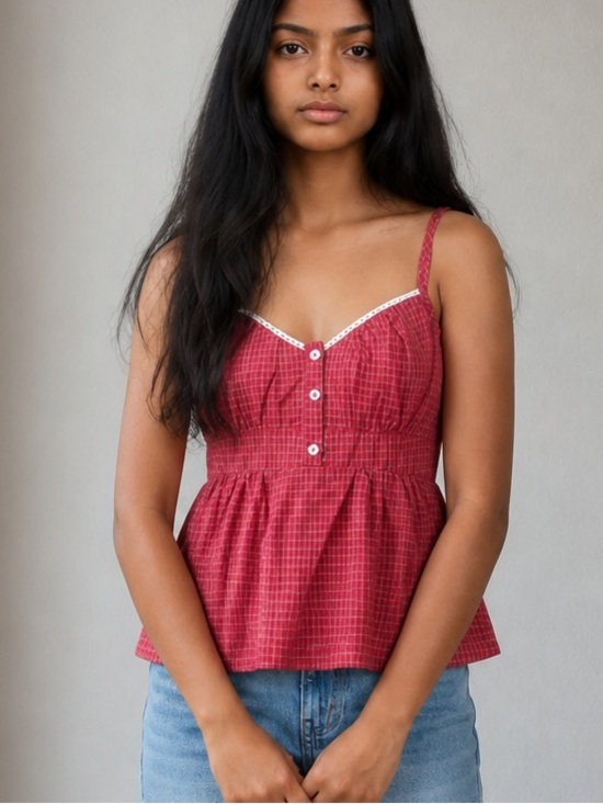 Blush Tops - Blush Red Plaid Button-Front Cami with Lace Trim